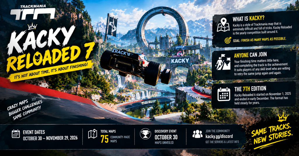 Trackmania Kacky Reloaded 7 event featuring an airborne racing car on a challenging stunt track, 75 community-made maps, October 30–November 29, 2026 event dates, and the goal of completing as many difficult tracks as possible.