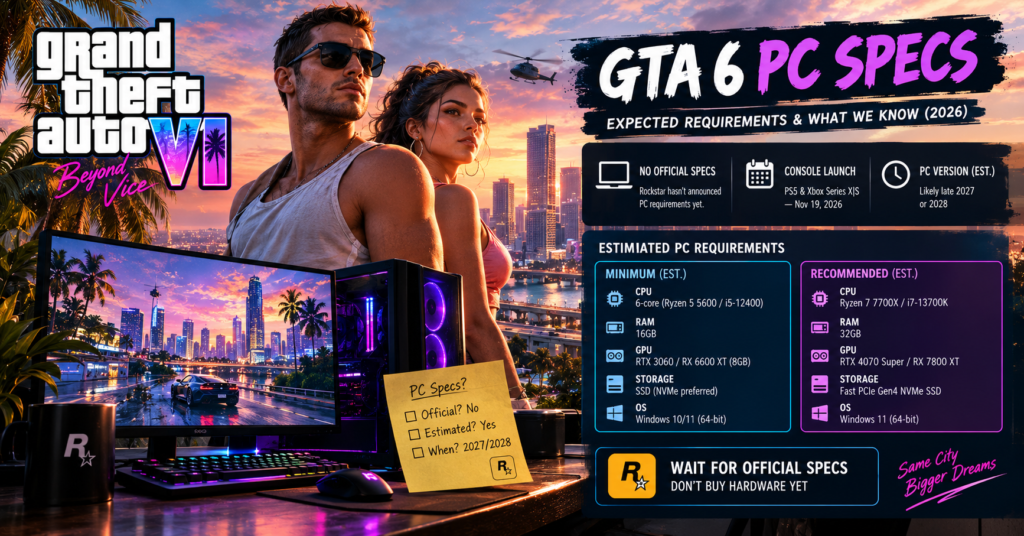 GTA 6 PC specs showing estimated minimum and recommended requirements, gaming PC, and Vice City-inspired scene