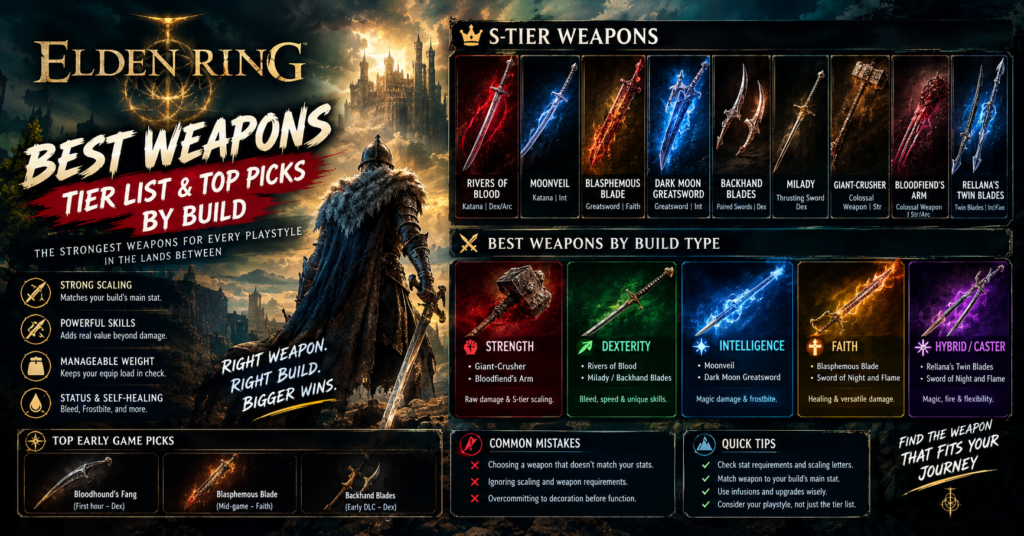 Elden Ring best weapons tier list showing Rivers of Blood, Moonveil, Blasphemous Blade and top picks by build type