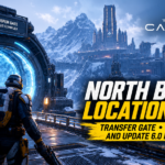 The Last Caretaker North Bastion guide showing an explorer facing a glowing blue Transfer Gate in a frozen mountain facility.