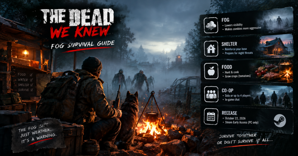 The Dead We Knew fog survival scene showing a survivor and dog beside a campfire as zombies emerge through dense mist, with tips for shelter preparation, food, four-player co-op, and the October 22, 2026 Early Access release.
