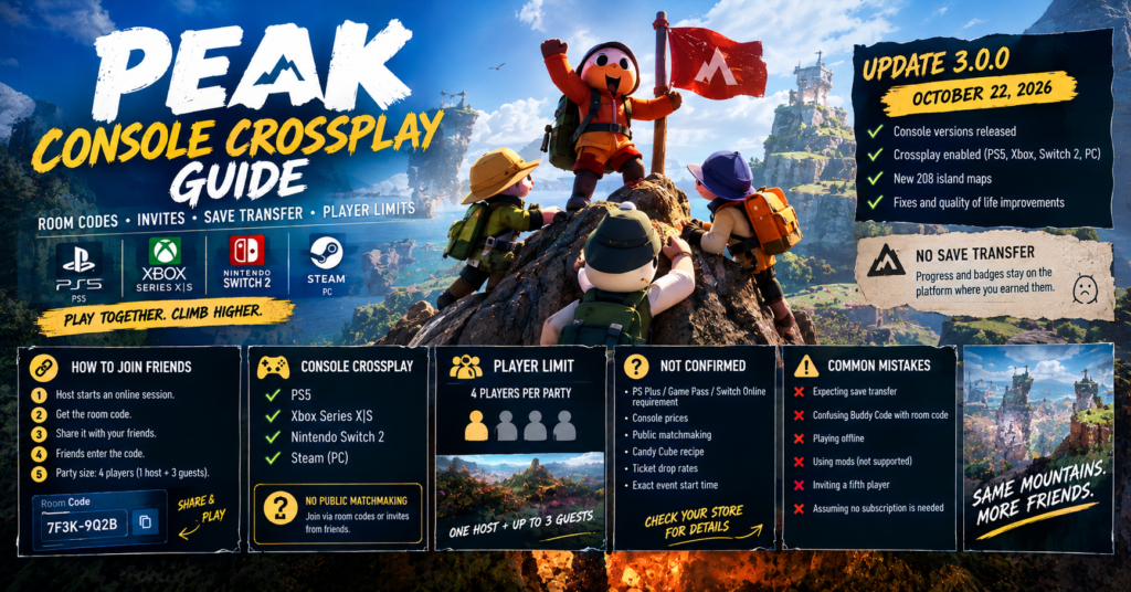 PEAK console crossplay guide showing four-player co-op, room codes, PS5, Xbox, Nintendo Switch 2, and Steam PC.