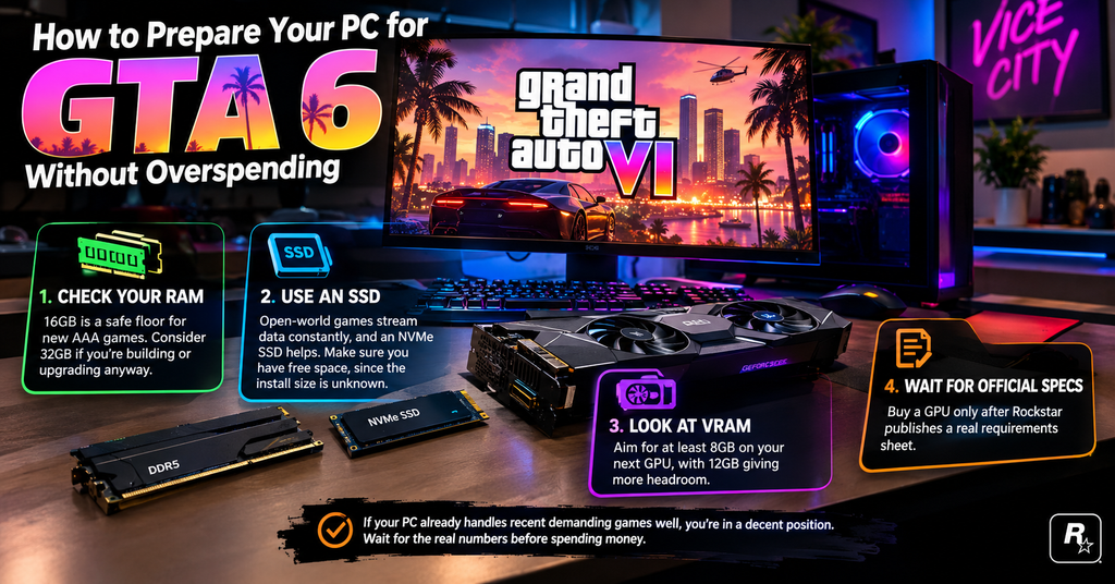 GTA 6 PC preparation guide showing RAM, NVMe SSD, GPU VRAM, and waiting for official system requirements.