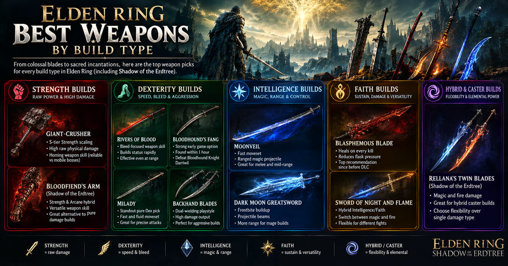 Elden Ring best weapons infographic by build type showing top picks for Strength, Dexterity, Intelligence, Faith, and Hybrid builds including Giant-Crusher, Rivers of Blood, Moonveil, Blasphemous Blade, and Rellana’s Twin Blades.
