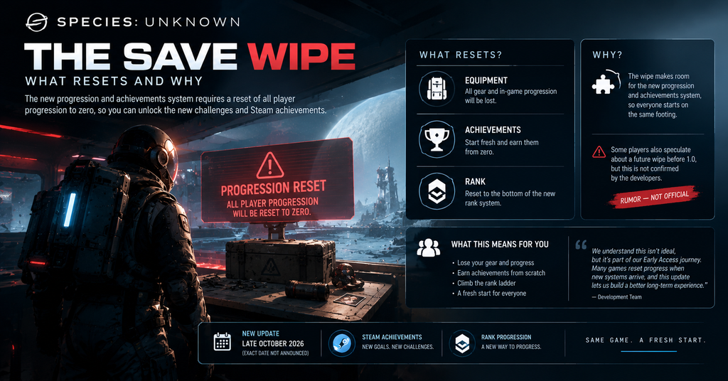 Species: Unknown save wipe update showing the progression reset, lost equipment, new Steam Achievements, rank progression system, and fresh start planned for the late October 2026 update.