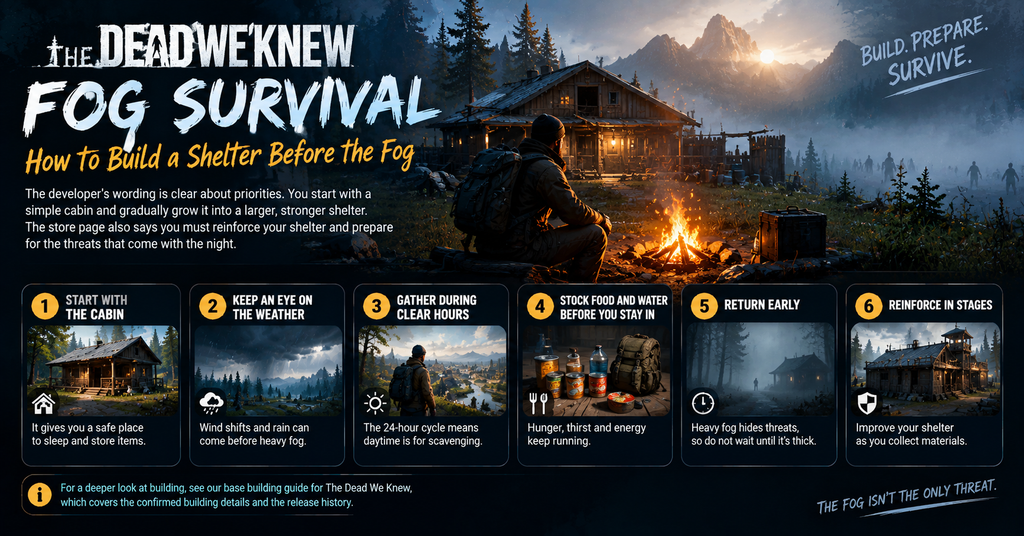 The Dead We Knew fog survival guide featuring a survivor beside a warmly lit wooden cabin in a misty forest, with six survival tips covering shelter construction, weather monitoring, daytime scavenging, food and water supplies, returning before heavy fog, and reinforcing the base.