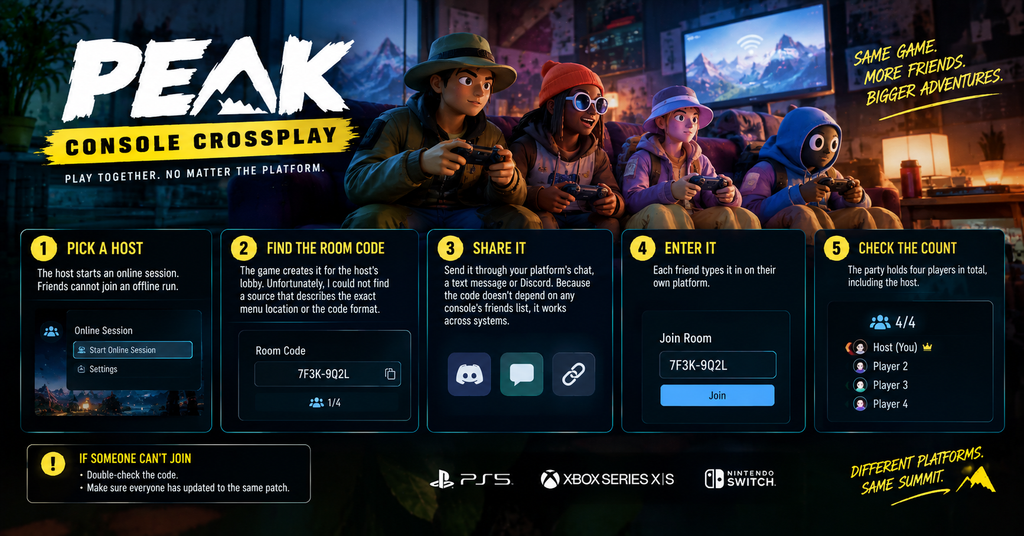 PEAK console crossplay guide showing four cartoon-style climbers gaming together, with five steps for hosting an online session, finding and sharing a room code, joining across platforms, and checking the four-player party limit.