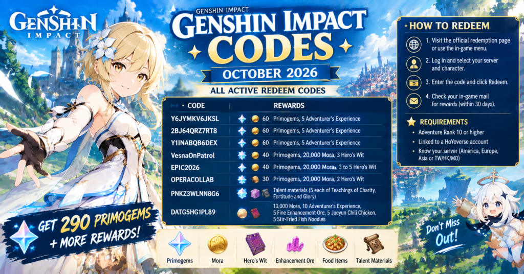 Genshin Impact codes October 2026 banner showing active redeem codes, rewards, and how to redeem Primogems