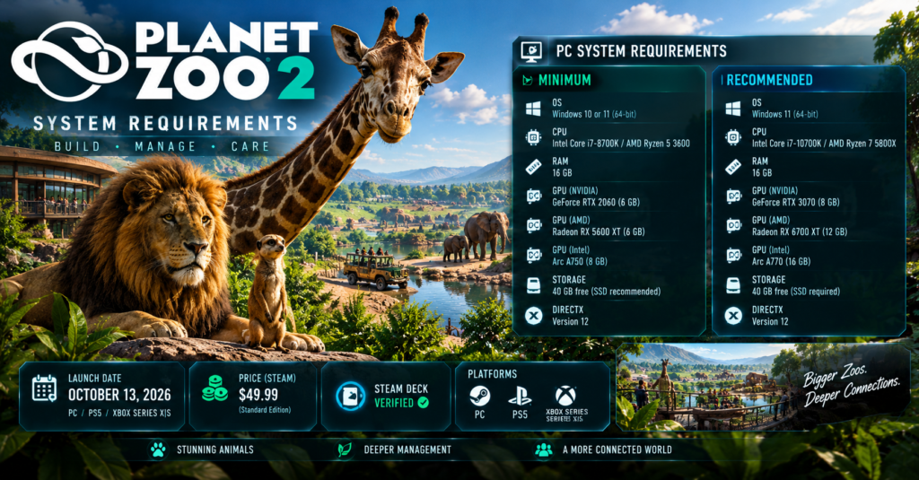 Planet Zoo 2 system requirements featuring a realistic zoo with a lion, giraffe and meerkat, alongside minimum and recommended PC specifications.