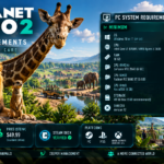 Planet Zoo 2 system requirements featuring a realistic zoo with a lion, giraffe and meerkat, alongside minimum and recommended PC specifications.