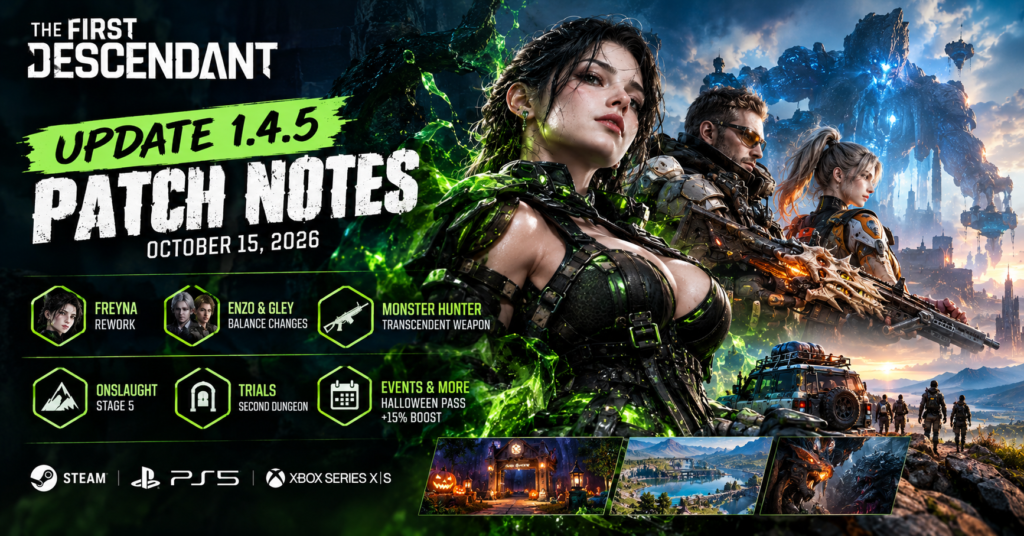 The First Descendant Update 1.4.5 patch notes banner featuring Freyna’s rework, Enzo and Gley balance changes, the Monster Hunter Transcendent weapon, Onslaught Stage 5 and Halloween events.