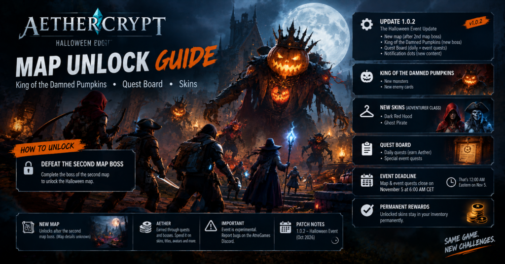 Aethercrypt Halloween event map unlock guide featuring the King of the Damned Pumpkins boss, Dark Red Hood and Ghost Pirate skins, Quest Board, and November 5, 2026 event deadline.