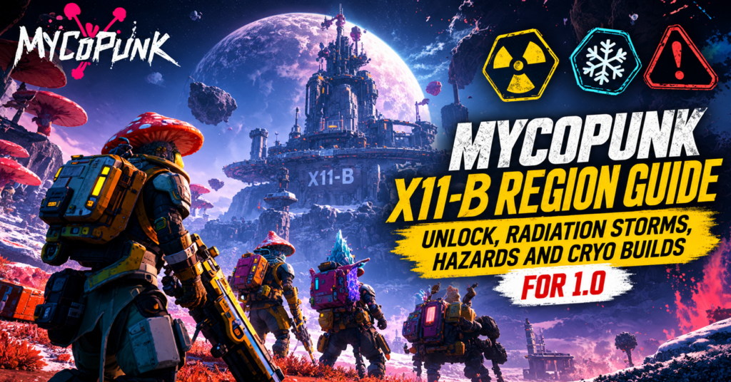 Mycopunk X11-B region guide featuring armored explorers on an alien moon with radiation hazards, cryo symbols, and a futuristic fortress.
