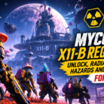 Mycopunk X11-B region guide featuring armored explorers on an alien moon with radiation hazards, cryo symbols, and a futuristic fortress.