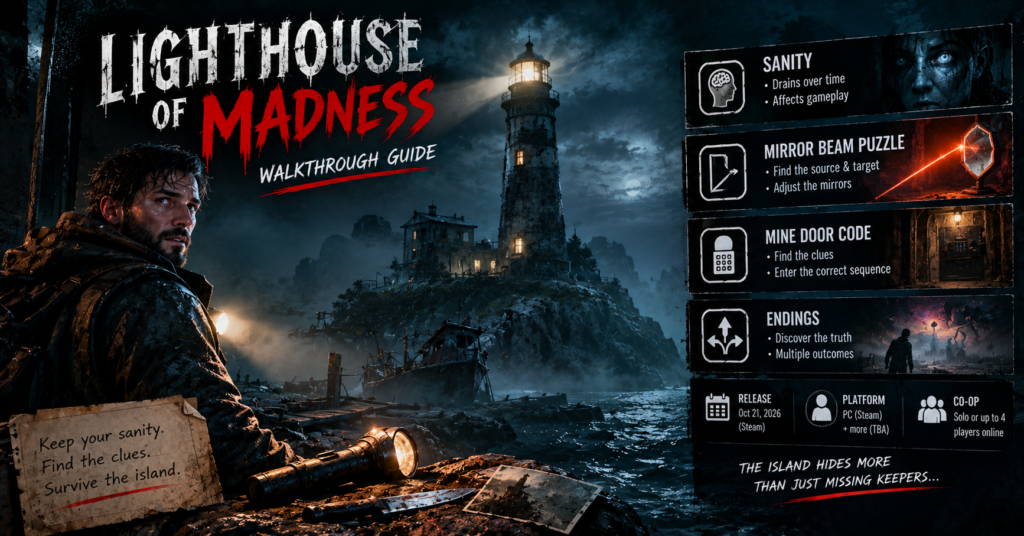 Lighthouse of Madness walkthrough poster showing a flashlight-bearing investigator facing a haunted lighthouse on a stormy island, with guide panels covering the sanity system, mirror beam puzzle, mine door code, and story endings.