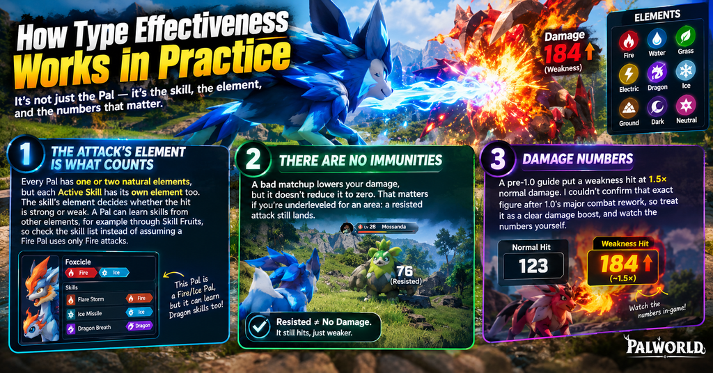 Palworld type effectiveness guide showing how skill elements determine damage, resisted attacks still deal damage, and elemental weaknesses provide a damage boost.