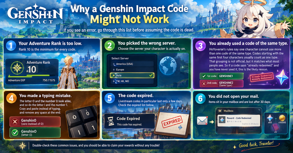 Genshin Impact code error guide infographic showing reasons codes fail including low Adventure Rank, wrong server, duplicate code type, typing mistakes, expired codes, and unclaimed mailbox rewards.
