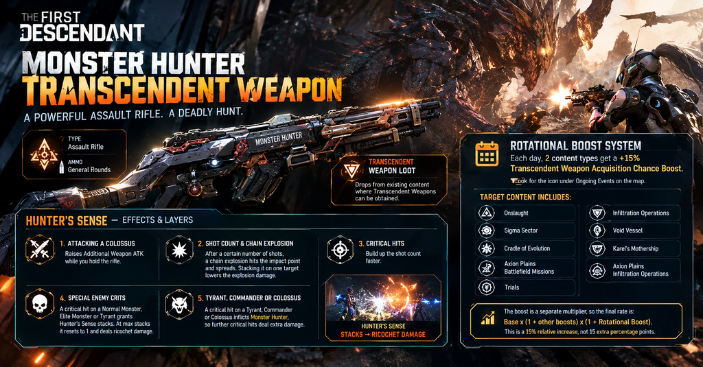 The First Descendant Monster Hunter Transcendent assault rifle guide showing Hunter’s Sense weapon effects, critical-hit and ricochet mechanics, and the Rotational Boost System with a daily +15% weapon acquisition chance bonus.