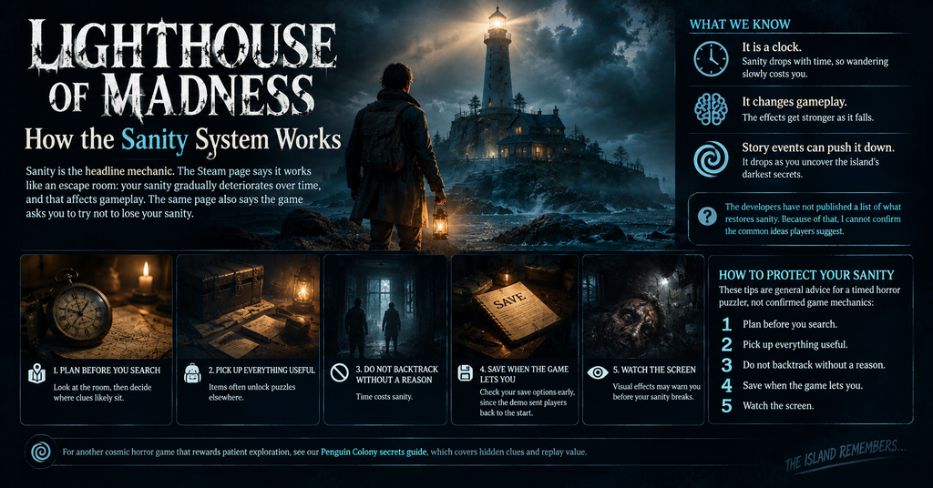 Lighthouse of Madness sanity system guide featuring a lone explorer approaching a haunted lighthouse on a stormy island, with tips for managing declining sanity, planning searches, collecting useful items, avoiding unnecessary backtracking, saving progress, and recognizing visual warnings in this cosmic horror puzzle game.