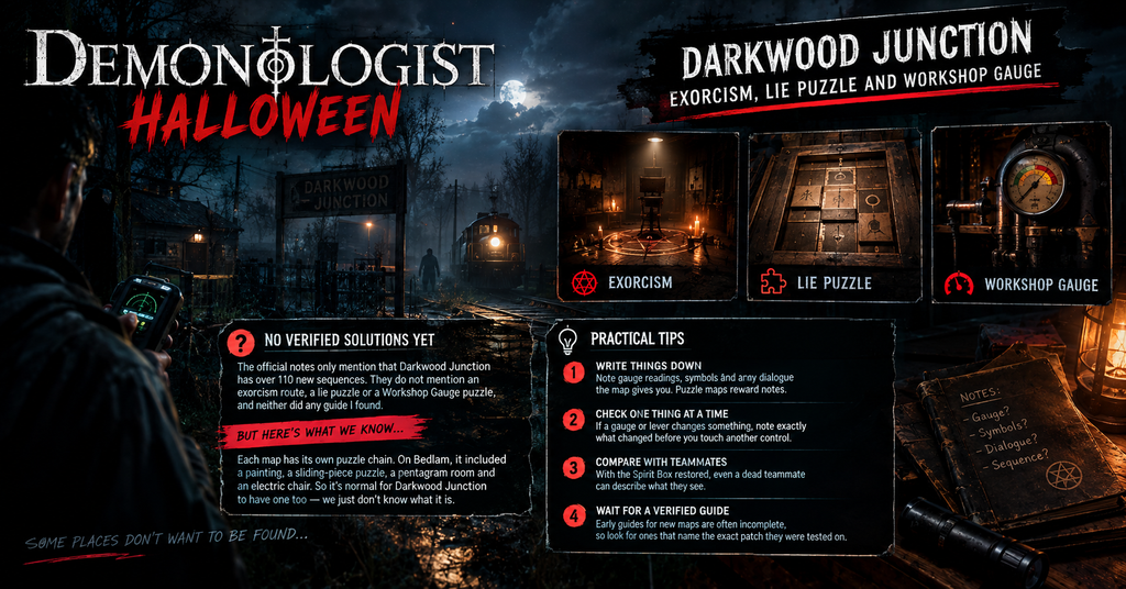 Demonologist Halloween Darkwood Junction guide featuring a haunted railway station, a shadowy investigator holding a paranormal detection device, and visuals for the exorcism, lie puzzle, and Workshop Gauge, with practical tips for solving puzzles while awaiting verified solutions.