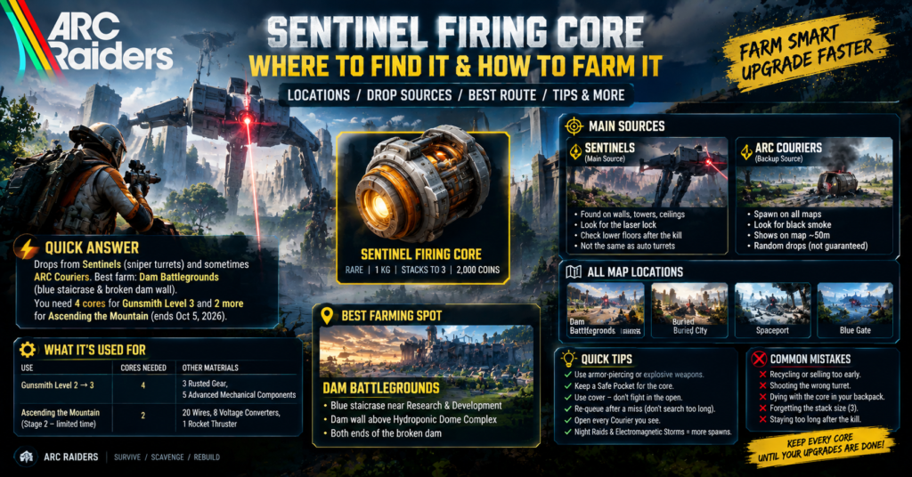 ARC Raiders Sentinel Firing Core farming guide showing locations, drop sources, and best route on Dam Battlegrounds