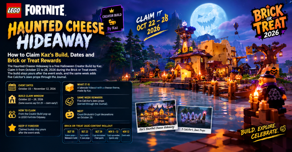 LEGO Fortnite Haunted Cheese Hideaway Halloween build by Kaz, featuring a glowing cheese-themed lakeside village, pumpkin decorations, spooky lanterns, and a grinning full moon, with Brick or Treat 2026 claim dates, Creator Build instructions, and Calcitor’s Jaws reward details.