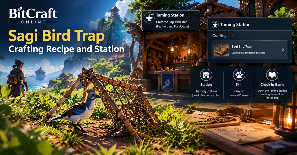Sagi Bird Trap crafting guide for BitCraft Online showing a wooden bird trap, blue-crested bird, and Taming Station workshop, with details on the Taming skill and where to find the trap recipe in-game.