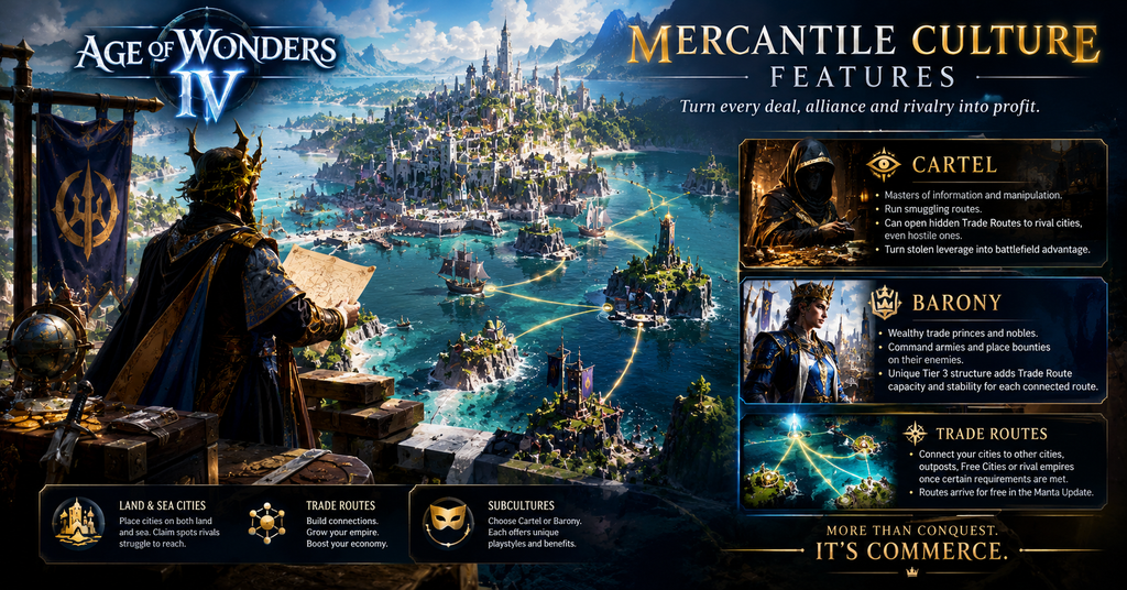 Age of Wonders 4 Mercantile Culture feature graphic showing a fantasy merchant overlooking a prosperous coastal kingdom connected by glowing trade routes across land and sea. The infographic highlights the Cartel subculture’s smuggling and espionage, the Barony’s armies and bounties, and the new Trade Routes system introduced with the Manta Update.