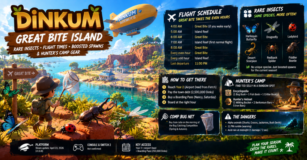 Dinkum Great Bite Island guide featuring flight schedules, rare insect locations, boosted spawns, island access requirements, and Hunter's Camp gear.