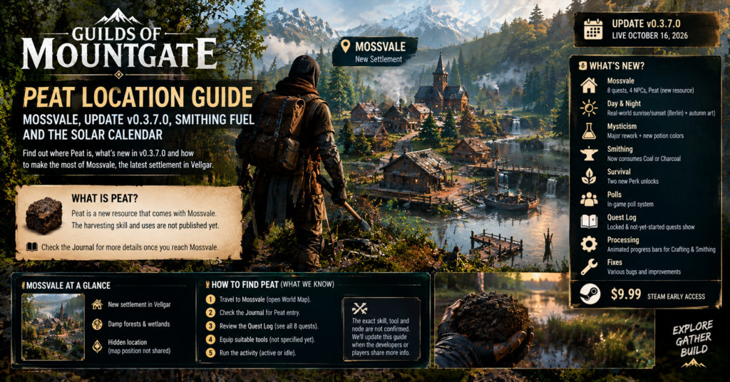 Guilds of Mountgate Peat harvesting guide featuring an adventurer overlooking Mossvale, with five steps for finding Peat, checking the Journal and Quest Log, and preparing suitable tools.