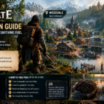 Guilds of Mountgate Peat harvesting guide featuring an adventurer overlooking Mossvale, with five steps for finding Peat, checking the Journal and Quest Log, and preparing suitable tools.