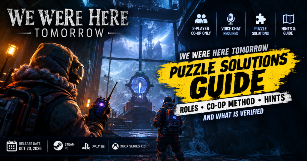 We Were Here Tomorrow puzzle solutions guide featuring two explorers in a mysterious sci-fi facility, highlighting co-op gameplay, voice chat, hints, and puzzle-solving.