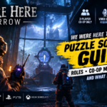 We Were Here Tomorrow puzzle solutions guide featuring two explorers in a mysterious sci-fi facility, highlighting co-op gameplay, voice chat, hints, and puzzle-solving.