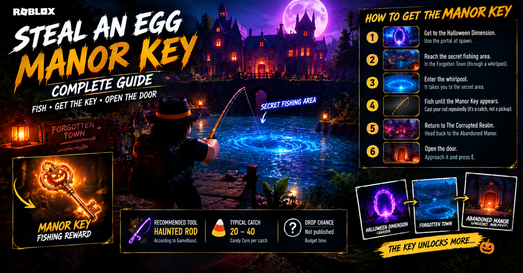 Roblox Steal an Egg Manor Key guide showing a player fishing in a glowing Halloween whirlpool near a haunted manor, with steps to catch the key and unlock the Abandoned Manor.