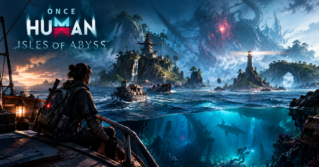 Once Human Isles of Abyss ocean expansion featuring a survivor on a ship, mysterious islands, a giant sea monster, a lighthouse, and underwater exploration.