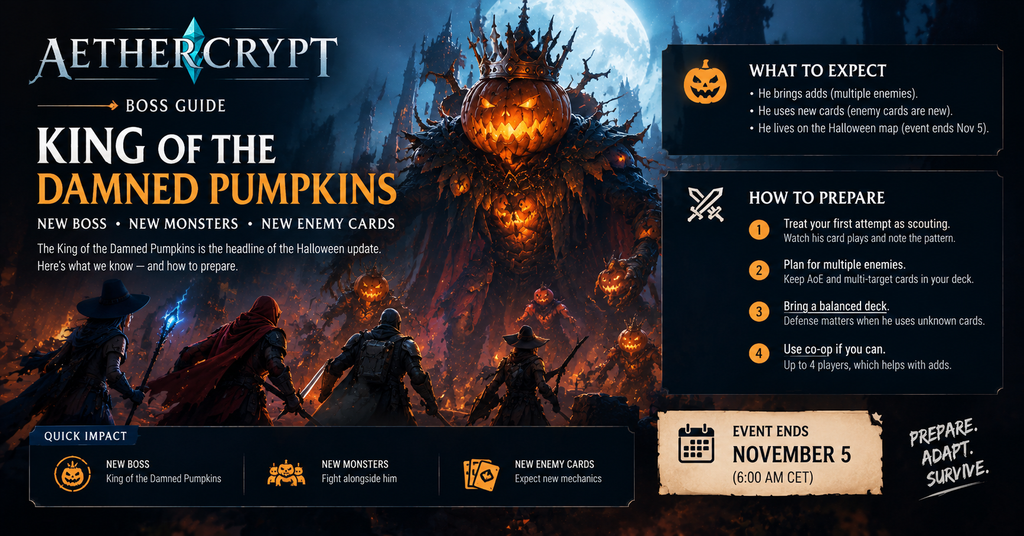 King of the Damned Pumpkins, a towering pumpkin-headed boss, faces a party of adventurers in a dark, Halloween-themed dungeon in Aethercrypt.