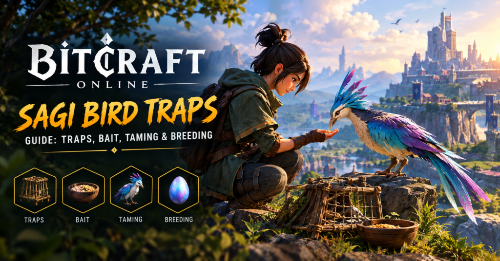 BitCraft Online Sagi Bird Traps guide featuring an adventurer feeding a colorful blue and purple Sagi bird beside a wooden hunting trap, with a fantasy castle and mountain landscape in the background.
