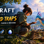 BitCraft Online Sagi Bird Traps guide featuring an adventurer feeding a colorful blue and purple Sagi bird beside a wooden hunting trap, with a fantasy castle and mountain landscape in the background.