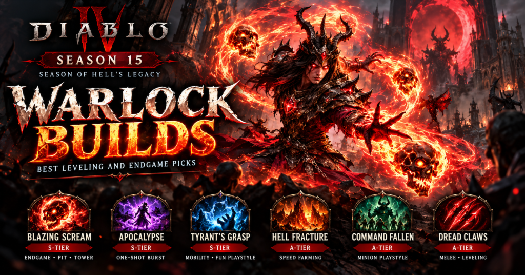 Diablo 4 Warlock Blazing Scream build in Season 15 with demon form casting fire skull ability in dark battlefield