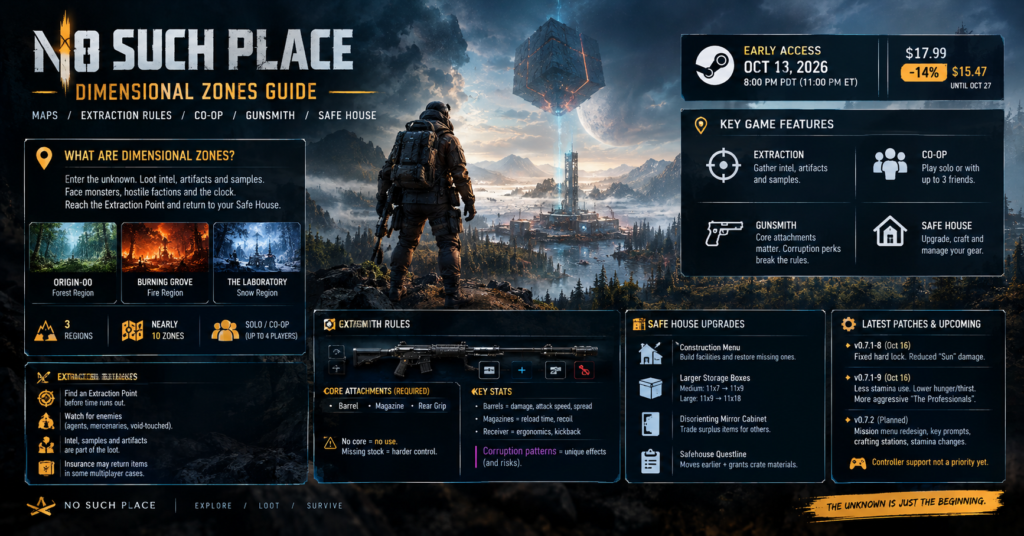 No Such Place Dimensional Zones guide featuring an armed agent exploring a mysterious sci-fi landscape, with extraction rules, co-op gameplay, gunsmith attachments, Safe House upgrades, and latest patch details.