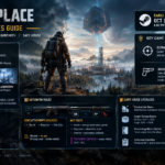 No Such Place Dimensional Zones guide featuring an armed agent exploring a mysterious sci-fi landscape, with extraction rules, co-op gameplay, gunsmith attachments, Safe House upgrades, and latest patch details.