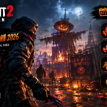 Dying Light 2 Update 1.30 Halloween Showdown 2026 banner featuring a masked survivor facing a flaming pumpkin scarecrow in a ruined city, highlighting the October 26 to November 16 event, 1,000 weekly Halloween Candies, weapon rewards, weekly charms, and PC performance fixes.