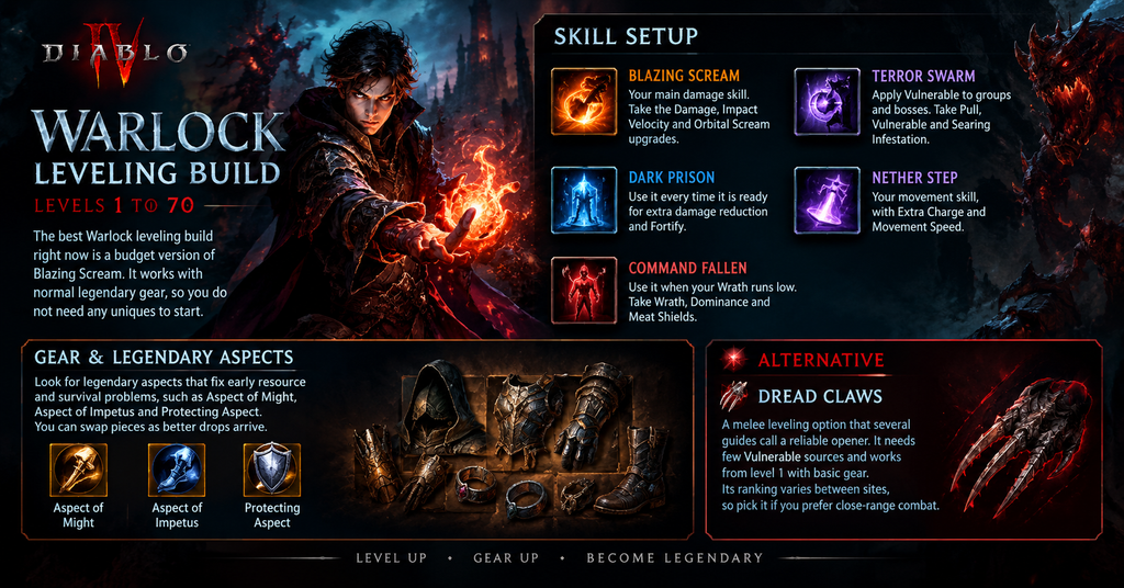 Diablo 4 Warlock leveling build guide for levels 1–70, featuring Blazing Scream, Terror Swarm, Dark Prison, Nether Step, and Command Fallen, with recommended legendary aspects and Dread Claws as an alternative melee build.