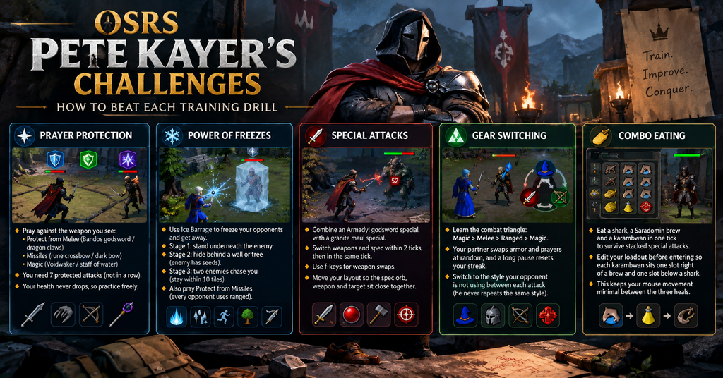 OSRS Pete Kayer’s Challenges training guide featuring five combat drills: Prayer Protection, Power of Freezes, Special Attacks, Gear Switching, and Combo Eating. Shows a medieval fantasy warrior surrounded by combat scenes, prayer icons, weapons, gear-switching symbols, and healing items, with strategies for mastering each Old School RuneScape training challenge.