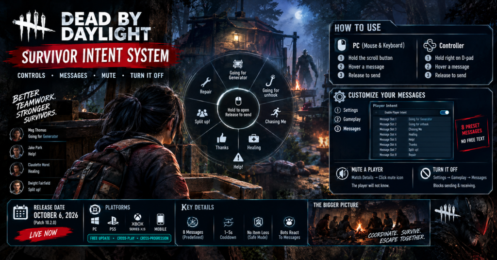 Dad by Daylight Survivor Intent System guide showing message wheel controls, eight preset messages, player muting and how to turn Player Intent offer