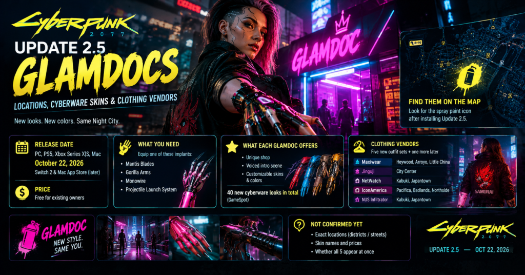 Cyberpunk 2077 Update 2.5 Glamdocs guide featuring a cybernetic character in neon-lit Night City, with cyberware customization, map icons, implant requirements, release date, and clothing vendor locations.