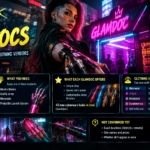Cyberpunk 2077 Update 2.5 Glamdocs guide featuring a cybernetic character in neon-lit Night City, with cyberware customization, map icons, implant requirements, release date, and clothing vendor locations.