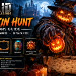 RAID: Shadow Legends Pumpkin Hunt guide featuring the pumpkin-headed champion Harvest Jack in a dark fantasy setting, with a glowing pumpkin, a map, and highlights of all 50 hidden pumpkins, event rewards, and the GETJACK promo code.