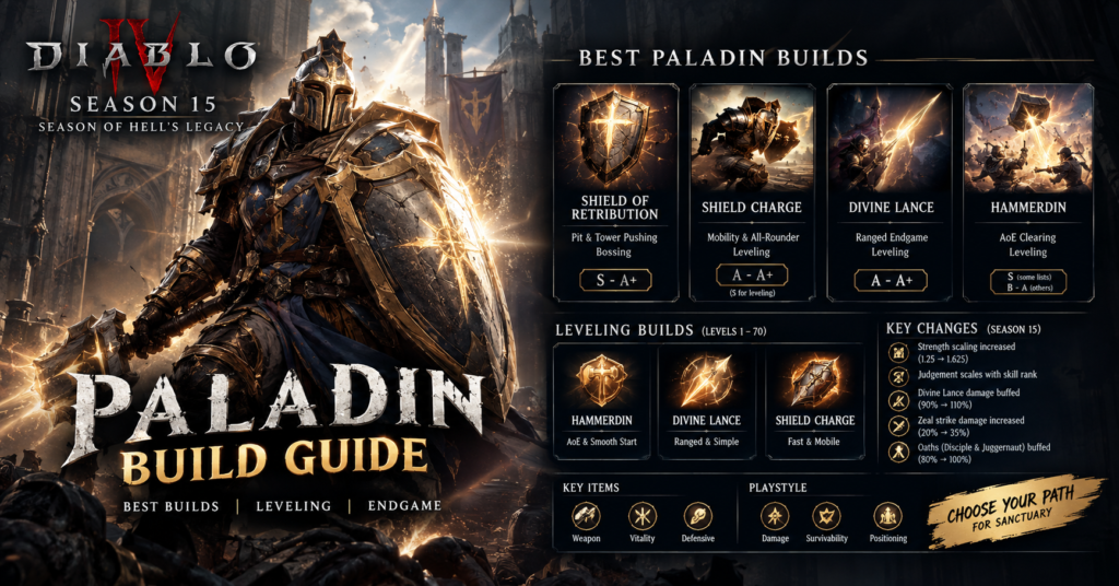 Diablo 4 Paladin build Season 15 armored knight with glowing shield and weapon in battle scene