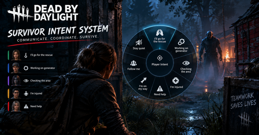 A cinematic Dead by Daylight Survivor Intent System guide featuring a Survivor in a foggy forest, the radial message wheel and in-game settings. The image highlights mouse and controller controls, eight customizable preset messages, the mute option, how to disable Player Intent, and the October 6, 2026 release with patch 10.2.0.